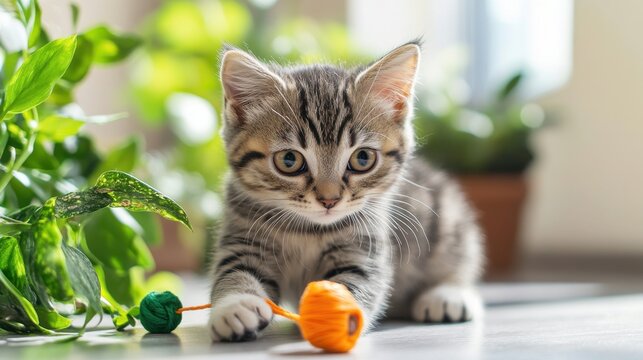 Curious kitten playing with handmade toy in bright airy room
