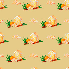 Obraz premium Gingerbread house with Christmas cookies, fir branches, festive greenery, and spices in a seamless watercolor pattern. Ideal for Christmas wrapping, cards, and joyful winter celebrations.