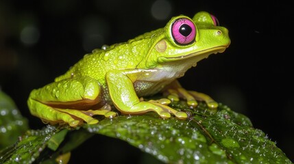Fototapeta premium Close up of a pink-eyed tree frog on dewy leaf.