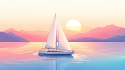 Fototapeta premium Enjoying a peaceful sunset sail on calm waters amidst beautiful mountains