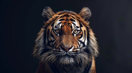 Fototapeta premium Close-up portrait of a majestic tiger with intense gaze and vibrant fur, showcasing its natural beauty in the wild, highlighting its powerful presence and intricate details of its stripes and features