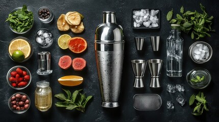 Cocktail ingredients and tools on dark background: fresh fruits, herbs, glassware, and shaker