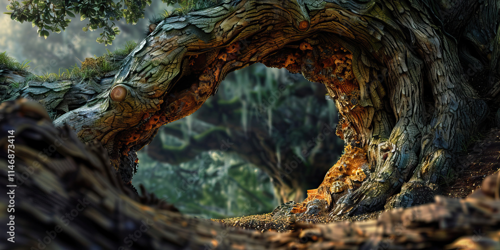 Poster gnarled tree trunk archway with forest background