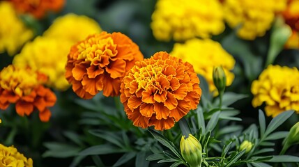 Orange and yellow marigolds on a bright sunny day, close-up shot, Minimalist style