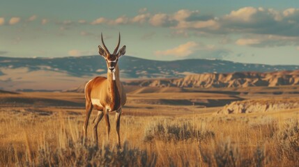 Obraz premium Red desert pronghorn antelope grazing in the wide-open plains of Wyoming, with a vibrant desert landscape in the background