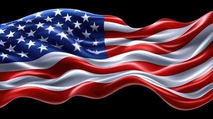 Obraz premium Waving American flag, red, white, blue stripes and stars on black background.