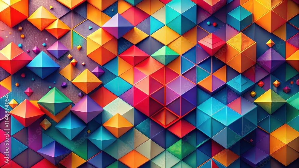 Leinwandbilder A vibrant abstract composition of colorful geometric shapes, featuring a mix of triangles, cubes, and pyramids, creating a dynamic and visually captivating pattern.