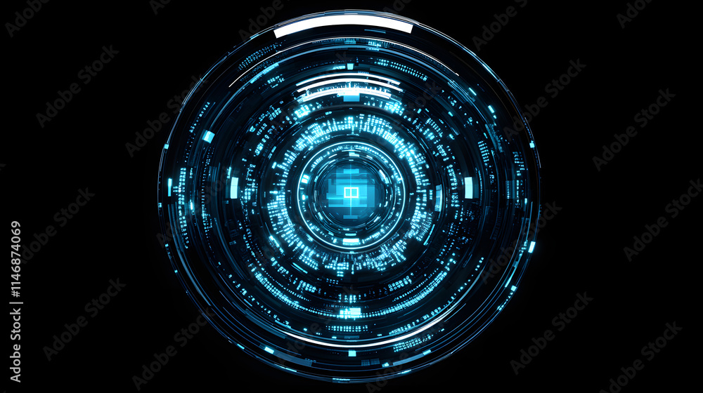 Poster abstract futuristic technology background. glowing blue circles and lines form a complex, circular p