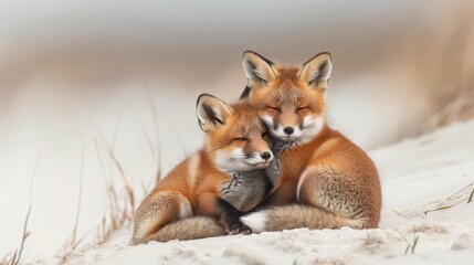Obraz premium Wild baby red foxes cuddling together on a snowy winter beach with ocean waves in the background, captured in a serene natural setting