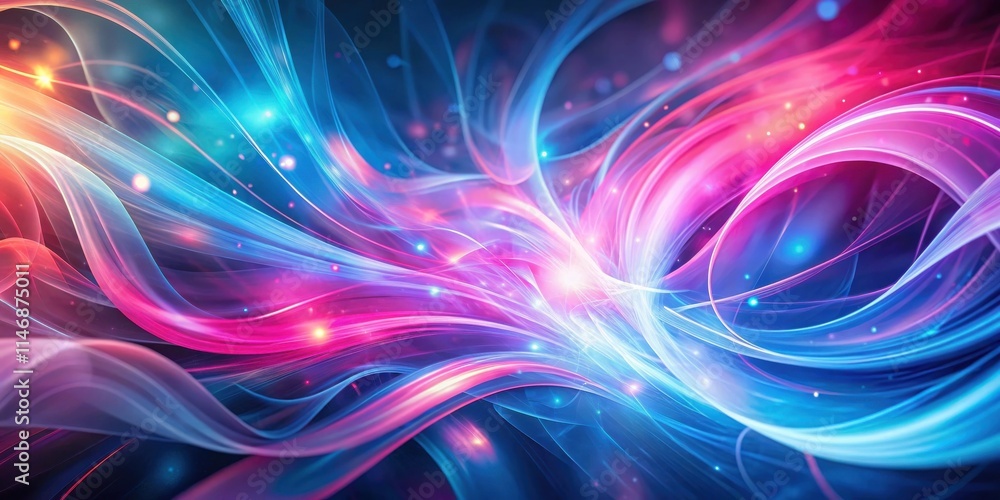 Poster abstract intertwining curves of light and color, with glowing particles scattered through the flowin