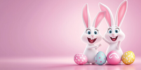 Fototapeta premium Lachender Osterhase lustige Figur im Cartoon Stil mit Ostereier, Ostern Plakat