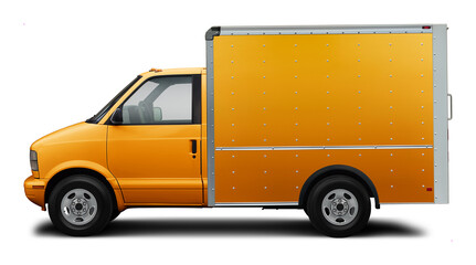 Classic compact American delivery truck side view all yellow. In PNG format on a transparent background.