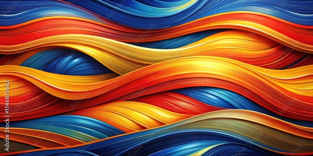 Poster A vibrant and dynamic abstract pattern featuring a series of interweaving waves in a captivating color palette of bold blue, fiery red, and shimmering gold