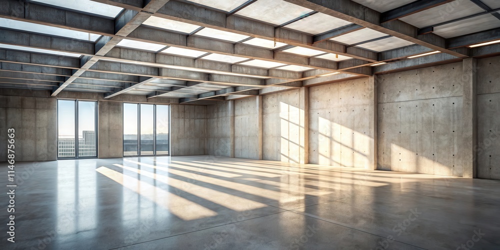 Poster Sunlight streams through the windows of a large, empty concrete room, casting long shadows across the polished floor.