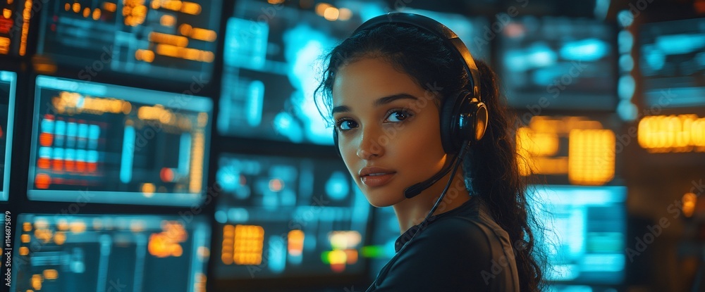 Poster a woman in a headset monitors data on multiple screens in a tech environment.