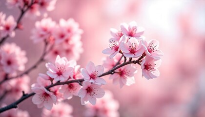 Obraz premium Delicate cherry blossom flowers blooming on a branch in soft sunlight