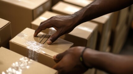 Obraz premium Hand arranging boxes for delivery logistics.