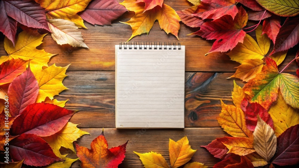 Poster Autumnal Leaves Surrounding a Blank Notebook on Rustic Wooden Background