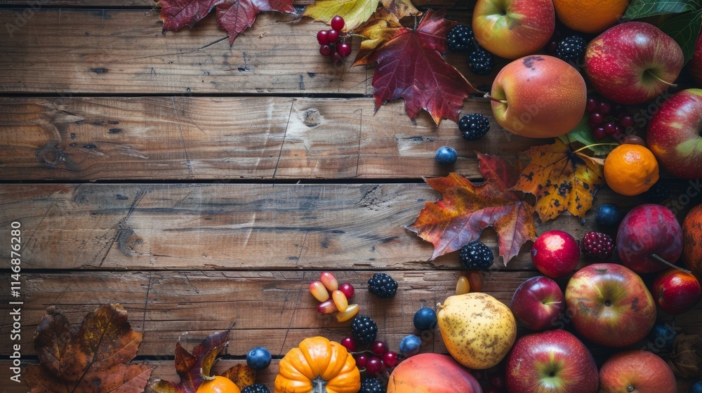 Poster top-down view of a rustic wooden table adorned with an assortment of autumn fruits, creating a warm 