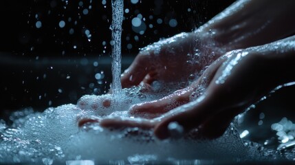 Fototapeta premium Hands washing with soap under running water, emphasizing hygiene and cleanliness for health and safety.