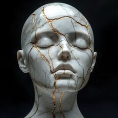 Statue of a beautiful woman's head made of white smooth, shiny marble which has beautiful golden veining and cracks. front view. in high resolution. AI Generated.