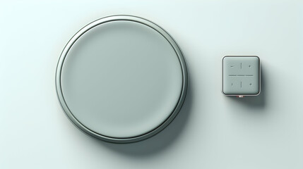 A minimalist design featuring a circular device and a small control panel.