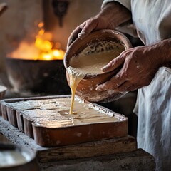  The artisan’s hands guide the pot carefully, ensuring the mixture spreads evenly. The camera captures the glossy, smooth texture of the soap as it fills the mold. The background shows the flickering.