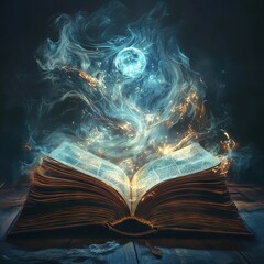 A magic book that is producing the magic blue light and dust. Fantasy realistic old book open.
