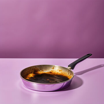 Burnt Frying Pan with a Charred Interior, Set on a Lilac Surface Against a Soft Purple Background