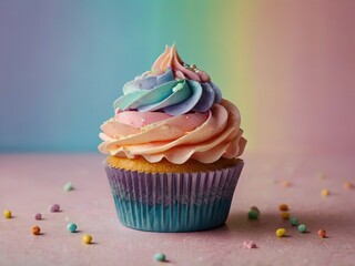 A picture of a super beautiful pastel colors rainbow cupcake, light in the colorful background. High resolution background.