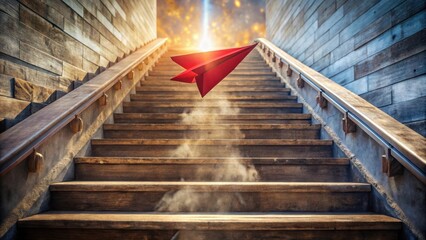 A red paper airplane soars above a wooden staircase, symbolizing the pursuit of dreams and the journey to achieve them.