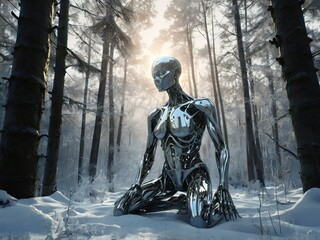 An illustration of a white cyborg in the winter forest in the morning. 4K Wallpaper AI Generated.