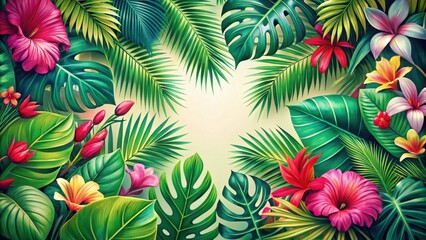 A vibrant tropical botanical frame with lush foliage and colorful blossoms in shades of pink, red, yellow, and white, creating a captivating natural border.