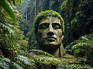 An illustration of a statue of mans face in the middle of the rainforest, plants, trees, cliff, mountains, generative ai.