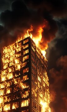 A burning skyscraper engulfed in flames against a dark, smoky sky.