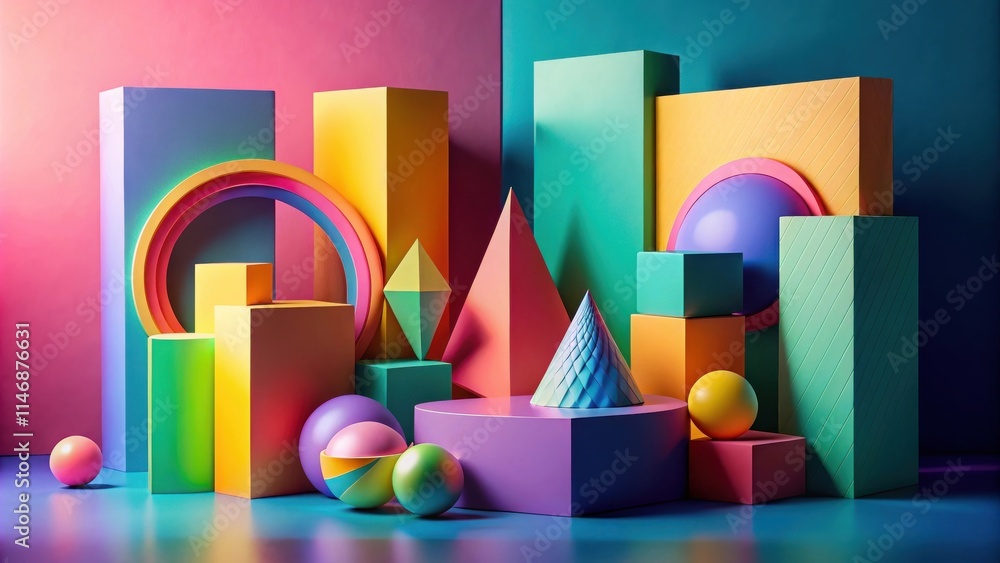 Leinwandbilder A vibrant and playful composition of geometric shapes and colorful spheres, creating a dynamic and eye-catching visual display
