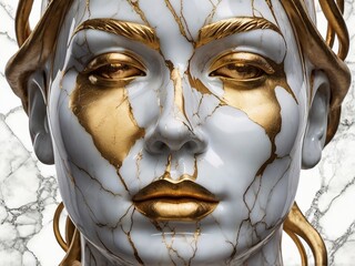 A white marble statue of a woman with golden fractures and crack, high resolution. AI Generated.