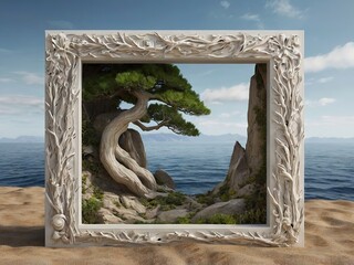 The edge of the plaster picture frame is ornate and three-dimensional, with elaborate carved relief patterns, and the detailed decoration adds depth to its appearance. Super realistic design, high res