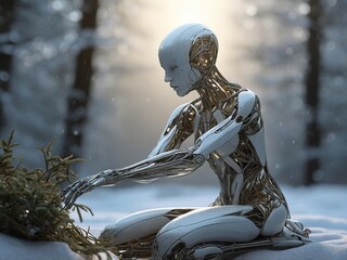 Advertising photography. A low, wide-angle shot reveals a sleek, glossy white-and-black-faced cyborg kneeling in the snow, delicately holding a small ice-covered pine sapling in its hand. 