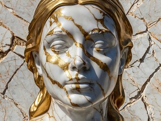 Statue of a beautiful woman's head made of white smooth, shiny marble which has beautiful golden veining and cracks. front view. in high resolution. Generative AI.
