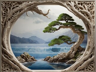 The edge of the plaster picture frame is ornate and three-dimensional, with elaborate carved relief patterns, and the detailed decoration adds depth to its appearance. Super realistic design, high res