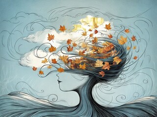 Painting of tree blending into a girl, art acrylic water colors, foreground, hills. Generative AI.