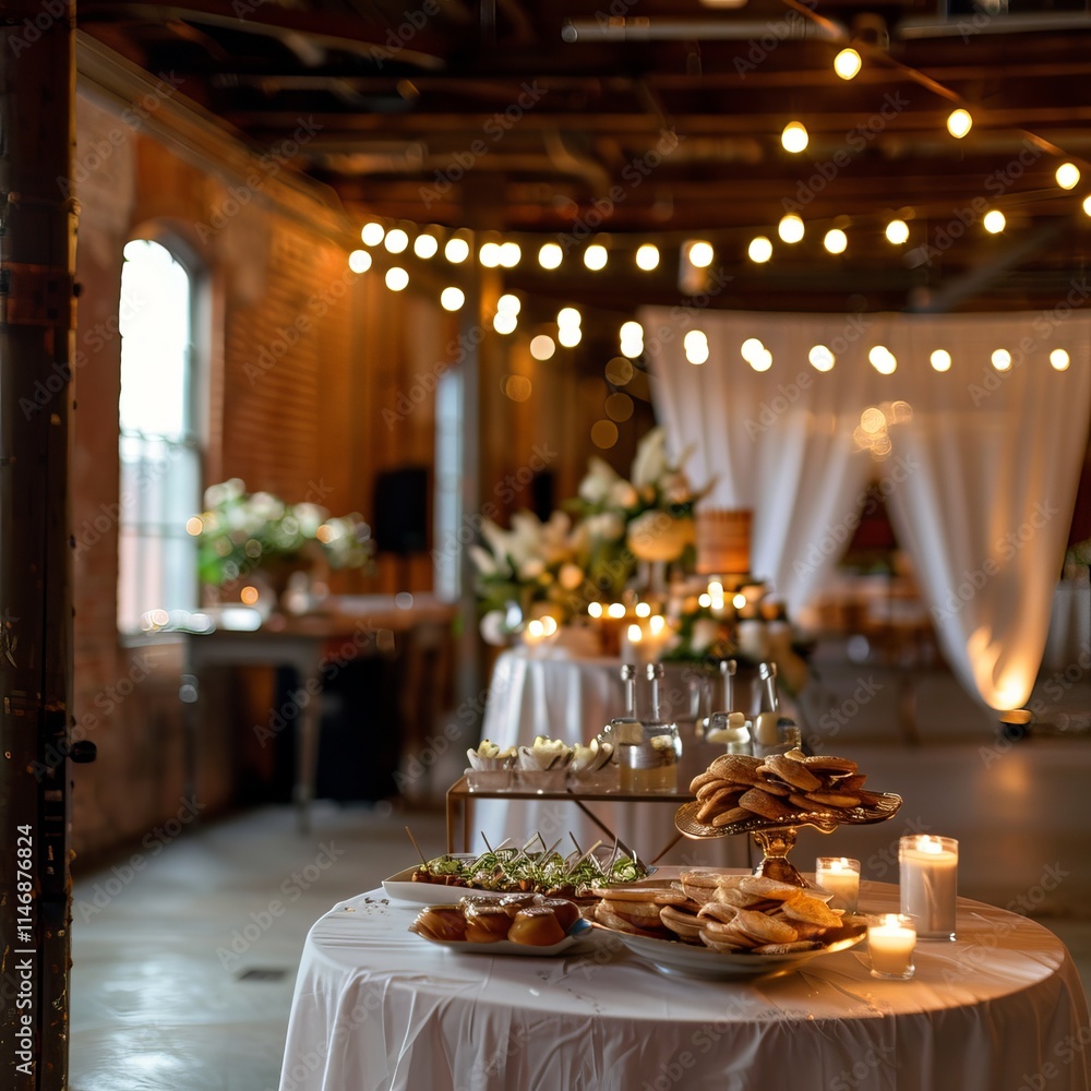 Poster a table with food and candles is set up in a large room. scene is warm and inviting, with the candle