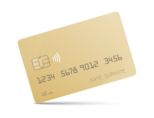 A gold credit card mock up with a shadow isolated on a white background