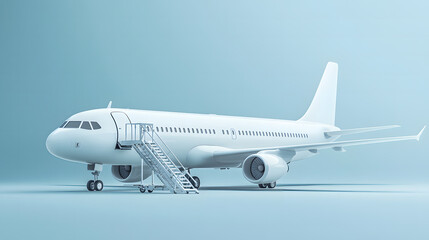 Minimalistic White Airplane on Light Blue Background with Boarding Stairs