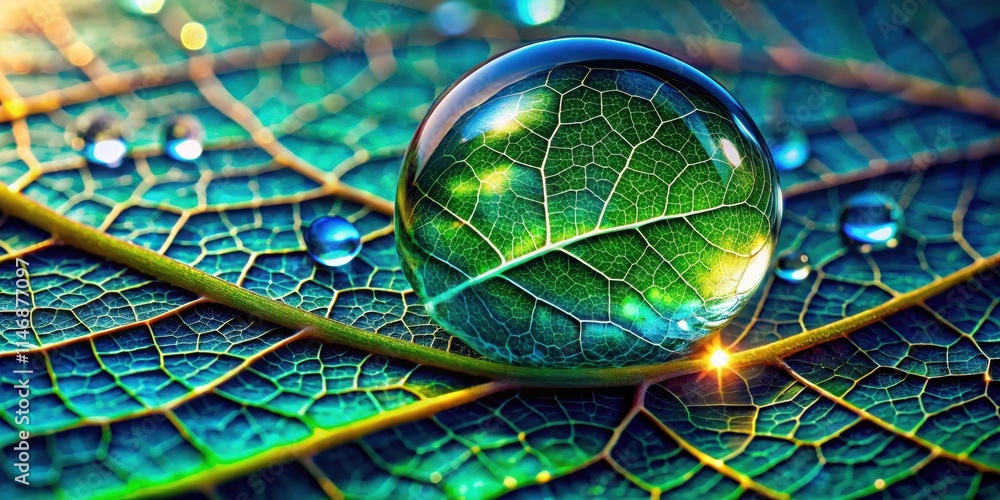 Poster A water droplet resting on a vibrant green leaf, reflecting the intricate network of veins, creating a mesmerizing interplay of light and texture.