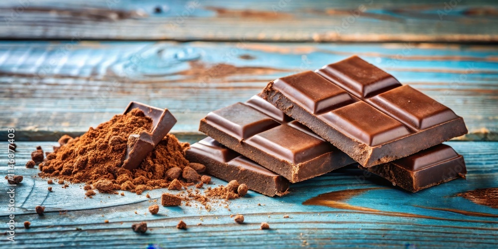 Poster a close-up shot of rich dark chocolate squares broken into pieces and scattered across a rustic blue
