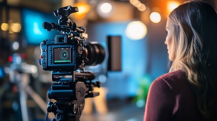 A woman observes a camera setup, indicating a video production environment.
