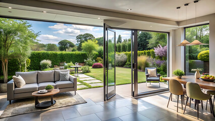Stylish designer room with bifold doors opening to a vibrant summer garden and elegant patio