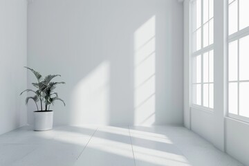 Bright minimalist room with a potted plant, large windows, and sunlight casting shadows on white walls and floor.